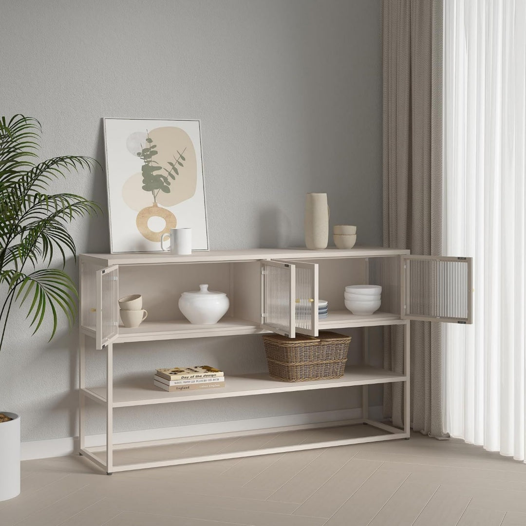Gris buffet avec plateau en verre trempe avec 4 portes