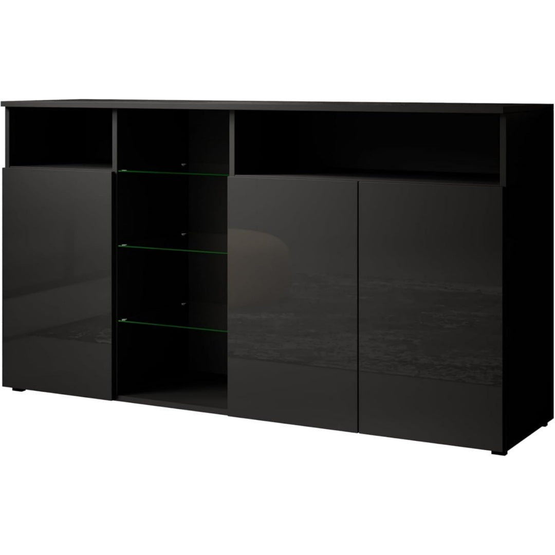 Buffet en verre, couleur noir avec trois portes