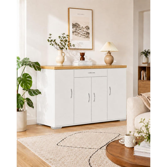 Meuble de rangement gris clair a 4 portes 1 tiroir, rangement compact