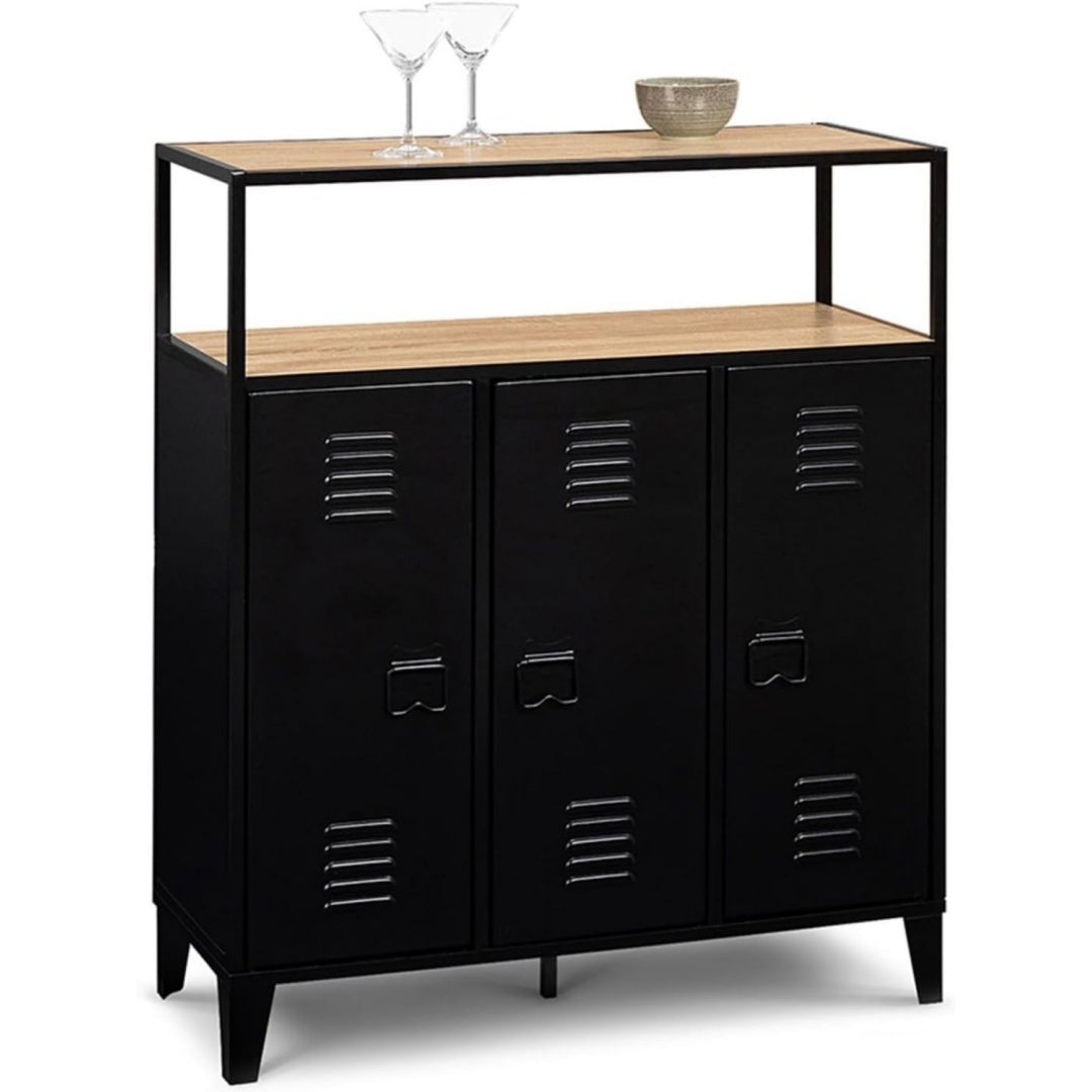 Credence noir 2 etageres de rangement, bois ingenierie style industriel