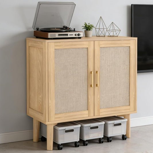Meuble de salon en bois massif et rotin