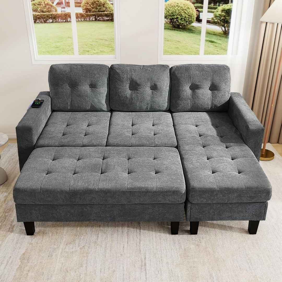 Ensemble canape gris bois massif 185 cm, rangement design moderne