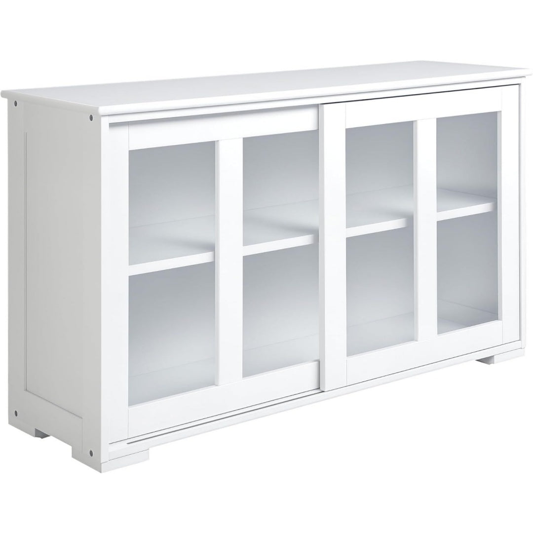 Buffet gris clair en verre trempe, design contemporain, rangement optimise