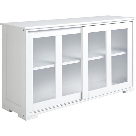 Buffet gris clair en verre trempe, design contemporain, rangement optimise