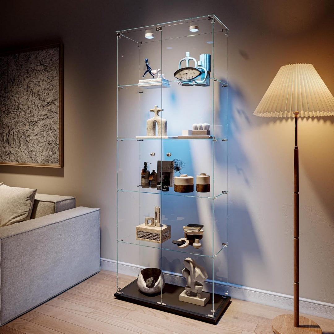 Vitrine gris, rangement, deux portes, usage domestique
