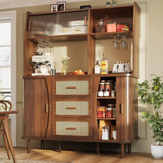 Buffet en verre trempe marron, etageres reglables, rangement pratique