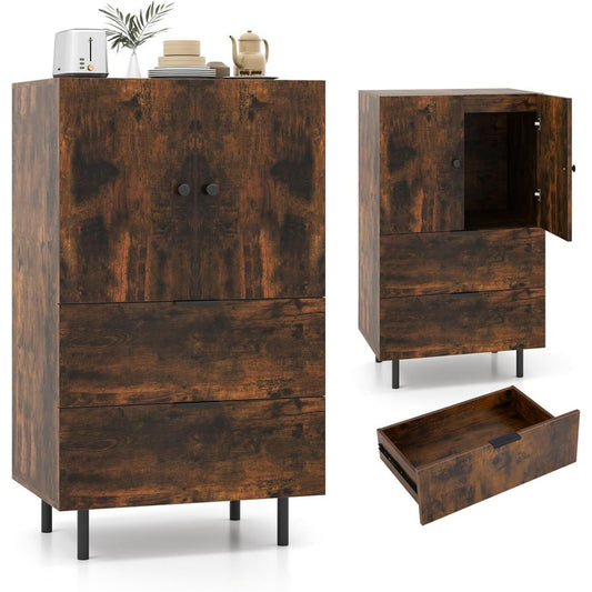 Credence bordeaux bois ingenierie style industriel, a 2 portes 2 tiroirs